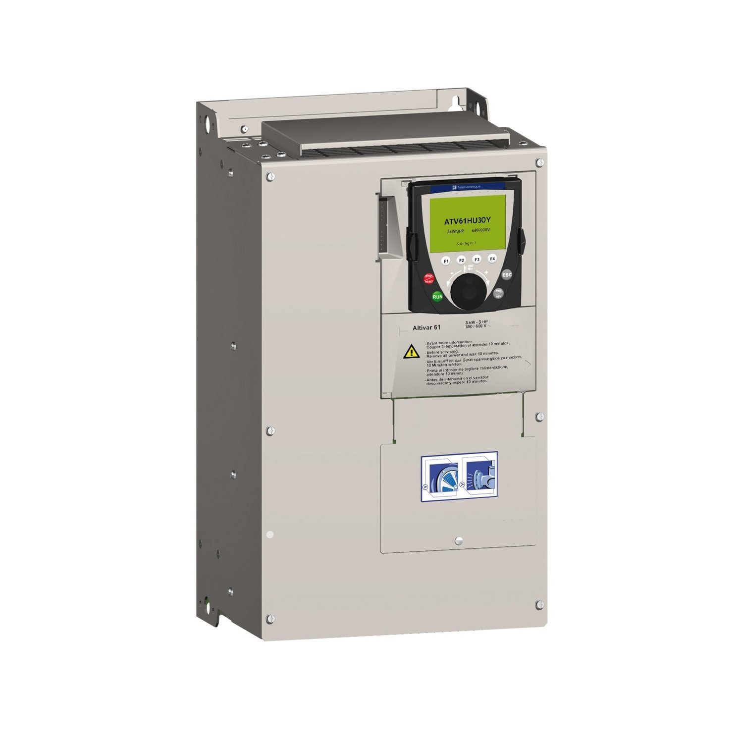 Variable speed drive, ATV61, 22 kW, 30HP,480V, 3 phase supply, EMCw/o graphic terminal, Modbus, CANopen